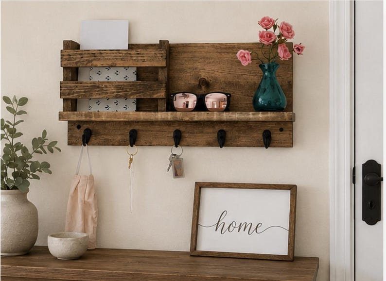 Entryway Key Rack & Mail Organizer | The Madison | Mug Hooks Wall Mounted Coat Rack Leash Holder Rustic Command Center image 4
