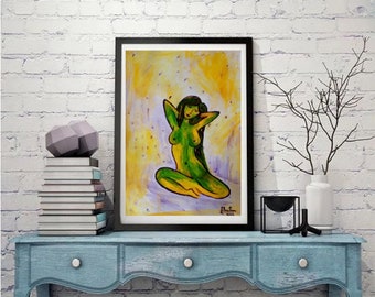 14"x10" (35x25cm), Colores de Sensualidad 4, Goddess, Yoga woman, Colours of sensuality, Sensual pose, Divine woman, Green, ready to ship