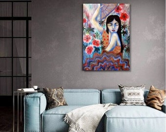 39.4x27.5", 100x70cm, Original Woman Painting, Sofia, Red Hibiscus, Woman Art, Woman Dancing, Bedroom Design, Purple Artwork, Ready to Hang