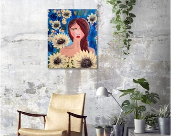 23.5"x20"( 60x50cm), Original Inspirational Woman Art, Self-Confident Woman, Modern Intriguing Decor, Courageous Woman, Yellow, Blue, Ready