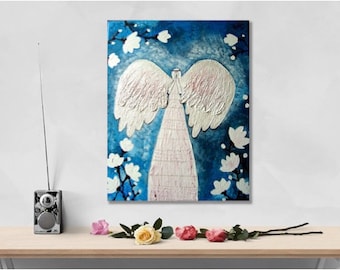 20x16", 50x40cm, Original Angel Painting, Ready to Hang, White Artwork, Hand painted Angel, Hallway Design, Guardian Angel of Healing