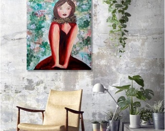 31.5x23.5", 80x60cm, Original Woman in Red Art, Happiness, Innocence, Ready to Hang, Expressionist Design, Red Green Artwork, Colourful Art