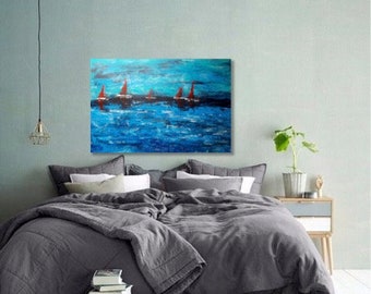 23.7x35.5", 60x90cm, Original Impressionist Acrylic Painting, Romantic Art, Red Boats, Living Design, Blue Artwork, Ocean Feel, Boat Sailing