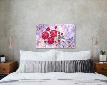 31.5x20", 80x50cm, Original Modern Art, Impasto Canvas, Ready to Hang, Purple Art, Luxury Guest House, Peonies Art, Vertical, Horizontal