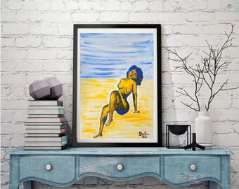 14"x10" (35x25cm), Colores de Sensualidad 5, Goddess, Nude woman on the beach, Colours of sensuality, Divine woman, Blue, ready to ship