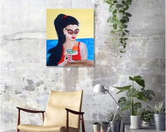 23.5x20"( 60x50cm), Original Woman Art, Self-Confident Woman, Emancipated, Stylish, Sexy, Modern Intriguing Decor, Yellow, Blue, Ready