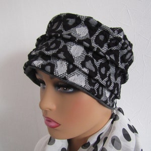 Bonnet rétro, turban chimio en jersey de coton dentelle noir et gris image 2