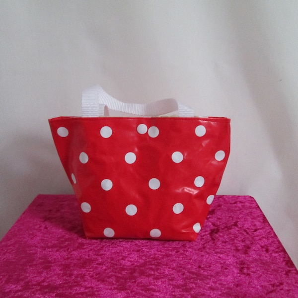 Mini sac  cabas  en toile cirée rouge à  pois blancs