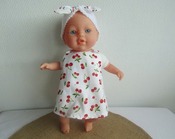 Robe poupée poupon 30 cm en tissu blanc avec des cerises rouges