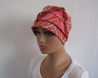 Bonne rétro, turban  chimio en jersey de coton fuchsia, jaune, marron, orange et blanc