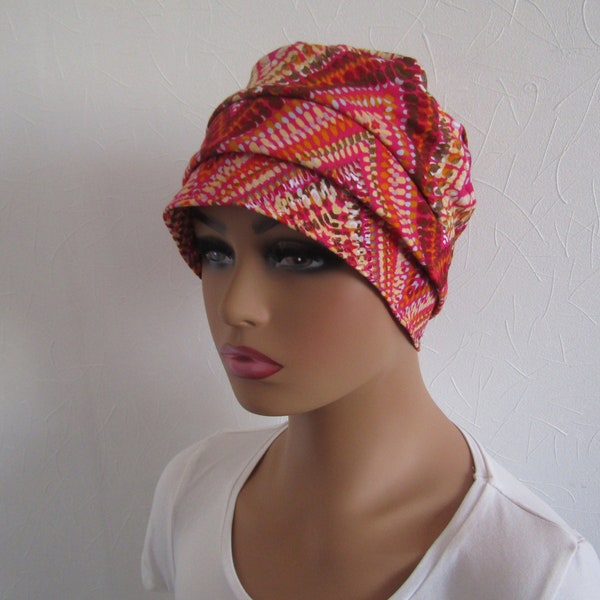 Bonne rétro, turban  chimio en jersey de coton fuchsia, jaune, marron, orange et blanc