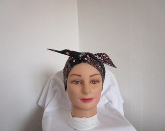 Foulard femme, turban chimio noir, rouge et blanc motif bandana