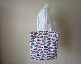 Tote bag, sac, en tissu de couleur bleu, blanc et rouge motif 2 CV