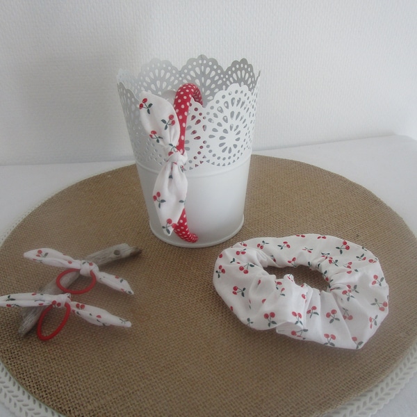 Trio accessoires cheveux - pois -  blanc avec des cerises rouges