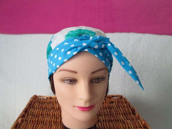 turban blanc petites fleurs turquoise Foulard chimio turban blanc petites fleurs turquoise Foulard chimio