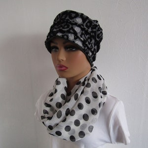 Bonnet rétro, turban chimio en jersey de coton dentelle noir et gris image 1