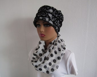Bonnet, turban  chimio en jersey de coton dentelle noir et gris