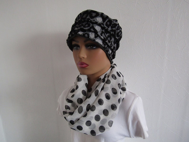 Bonnet rétro, turban chimio en jersey de coton dentelle noir et gris image 1