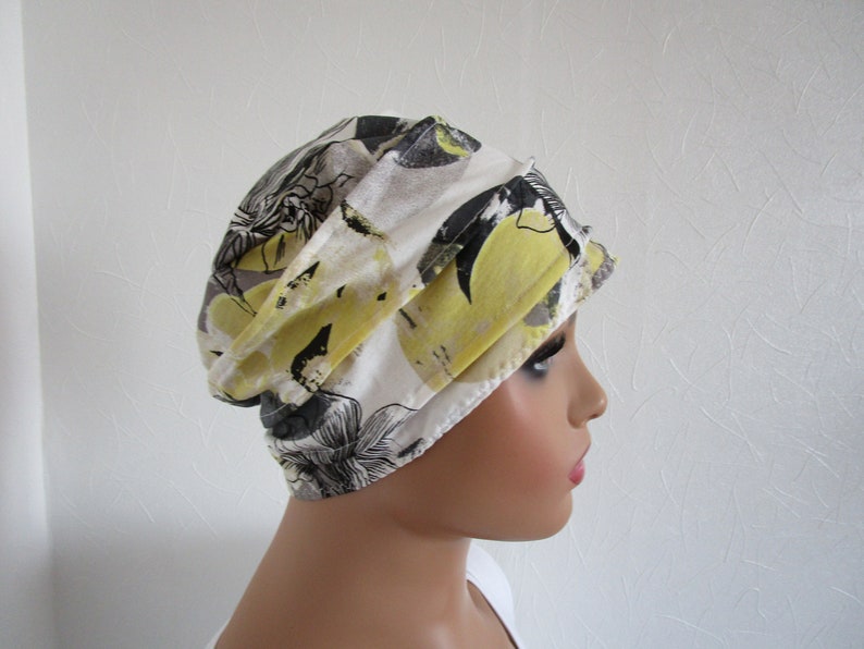 Bonnet rétro chimio femme en jersey léger blanc, gris et jaune image 3