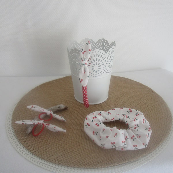 Trio accessoires cheveux - vichy -  blanc avec des cerises rouges