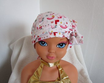 Foulard, turban chimio enfant, jeune adolescente de couleur blanche avec des licornes roses