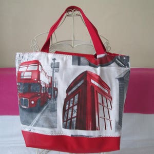 Tote tas chique bi-materiaal rood leder en stof london afbeelding 2