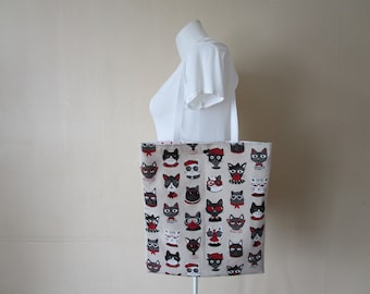 Tote bag, sac, en tissu de couleur beige avec des chats rigolos