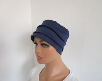 Bonnet femme  chimio, toque, turban en jersey bleu marine unie