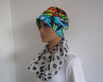 Bonnet rétro turban chimio en jersey imprimé de graffiti multicolore