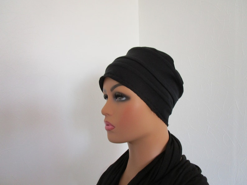 Bonnet, turban chimio en jersey de coton noir uni image 3
