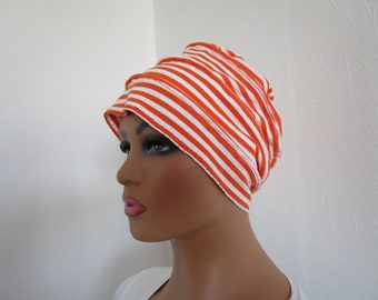 Bonnet turban chimio en jersey de couleur blanche et orange rayée