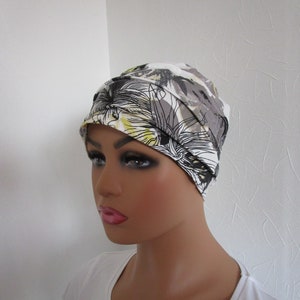 Bonnet rétro chimio femme en jersey léger blanc, gris et jaune image 1