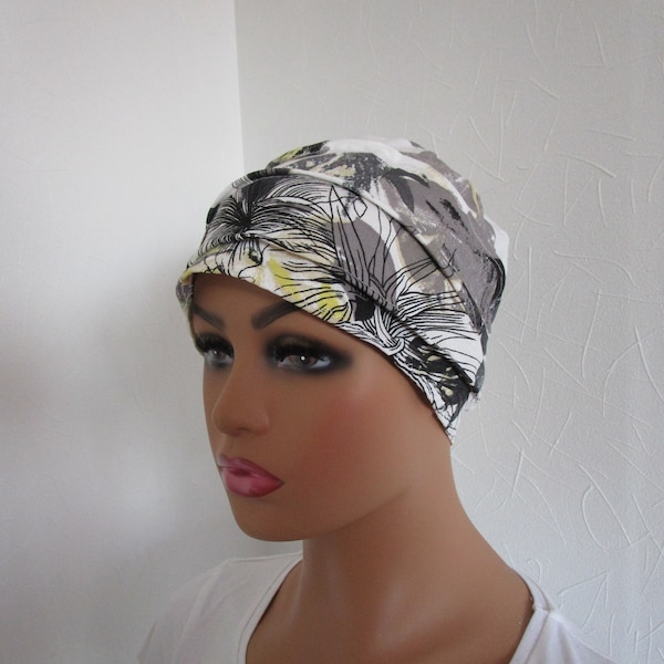 Bonnet rétro chimio femme en jersey léger blanc, gris et jaune