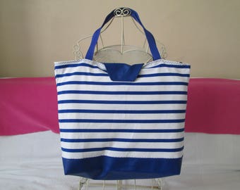 Sac cabas chic style fashion  simili cuir  bleu et t tissu marin rayé bleu et blanc