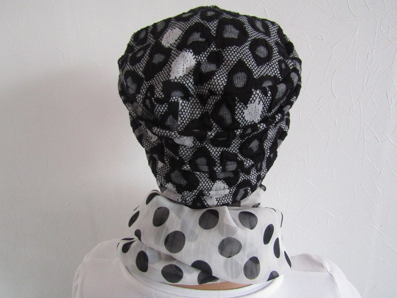 Bonnet rétro, turban chimio en jersey de coton dentelle noir et gris image 5