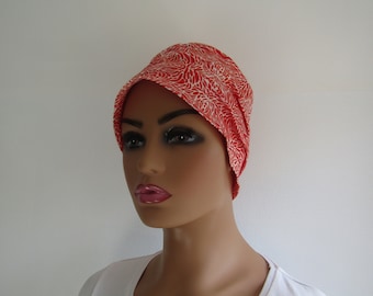Bonnet, turban  chimio en jersey de coton rouge/orangé et blanc