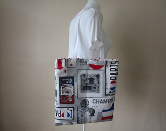 Tote bag, sac, en tissu de couleur bleu, blanc et rouge motif "Champs Elysées"