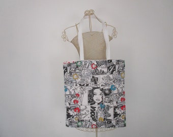 Tote bag, sac, en tissu de couleur noire, grise, blanche, rouge, bleue, jaune et verte motif bande dessinée