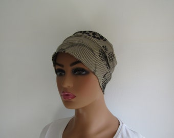 Bonnet, turban  chimio en jersey de coton kaki, noir et blanc