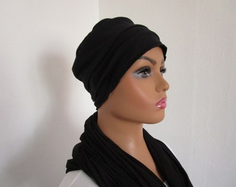 Bonnet, turban  chimio en jersey de coton noir uni