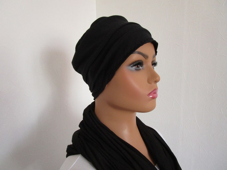 Bonnet, turban chimio en jersey de coton noir uni image 1