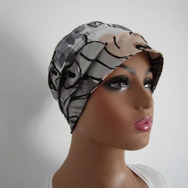 Bonnet, turban  chimio en jersey de coton marron, noir, beige, blanc et gris motif fleuri