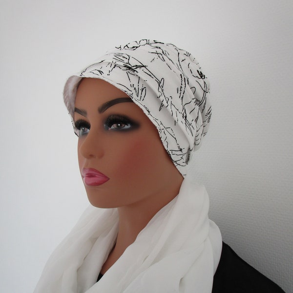 Bonnet rétro chimio, toque, turban, foulard femme en jersey de couleur blanche avec fleurs noires