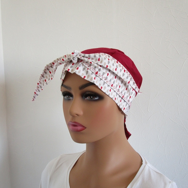 Foulard, turban chimio femme bordeaux et blanc avec des gouttes multicolore