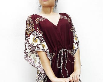 Boho Clothing Printed Wrap Tunic Cream KPS24 Mini Dress V neck Short Dress Rayon Kaftan Beach Cover Beach Kaftan Plus Size