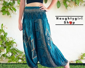 Teal Green Harem Pants Women,Yoga Drop Crotch Trousers Aladdin Boho Loungewear,Genie Jumpsuits & Rompers