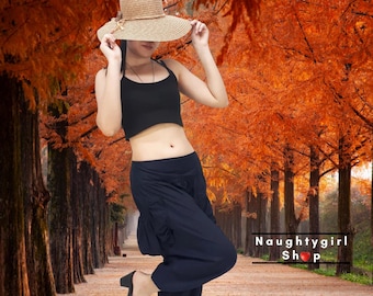 Pikalda-Rayon Harem Capris: Pleated Comfy Boho Pants - Navy Blue LRC1