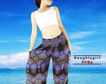 Women Hippie Pants,Comfy Pants Women Clothes Yoga Pants,Aladdin Pants,Thai Pants,Boho Pants,Gypsy Pants,Rayon Trouser Blue Black (TS151)