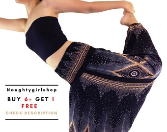 Black Peacock Feather Harem Pants Women Yoga Pants Drop Crotch Aladdin Pants Thai Pants Boho Pants Gypsy Pants Jumpsuit Comfy Trouser (HP49)