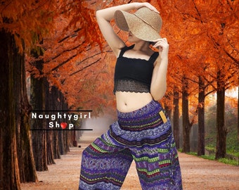 Pantalones harén de rayón morado Pikalda: estilo bohemio Aladdin cómodo con bolsillos